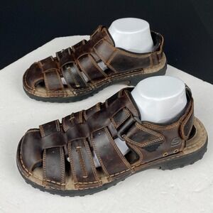 Men's 11 M Skechers Brown Leather Closed Toe Fisherman Sandals Hook & Loop Shoes